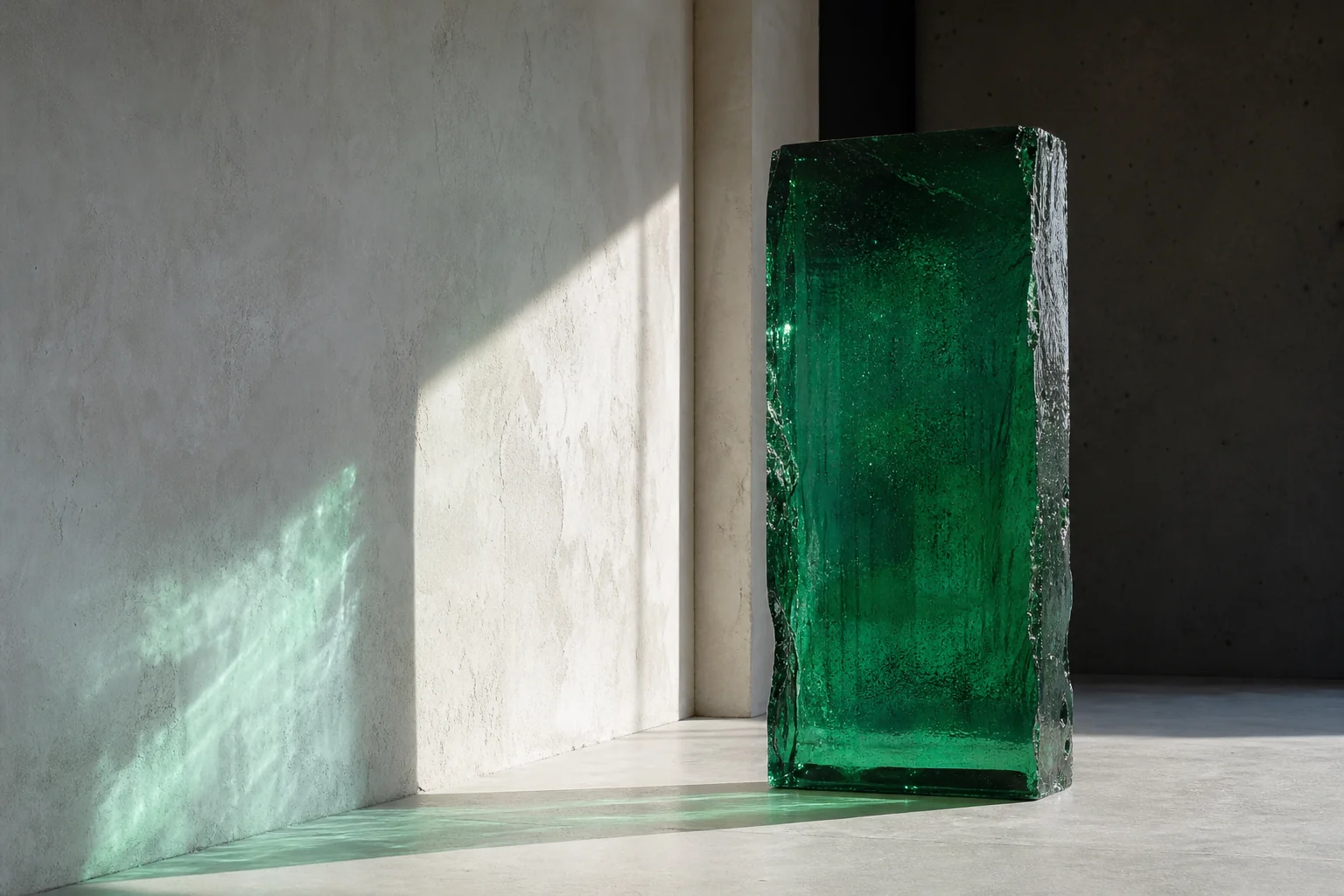 Emerald glass monolith casting light through a quiet architectural space